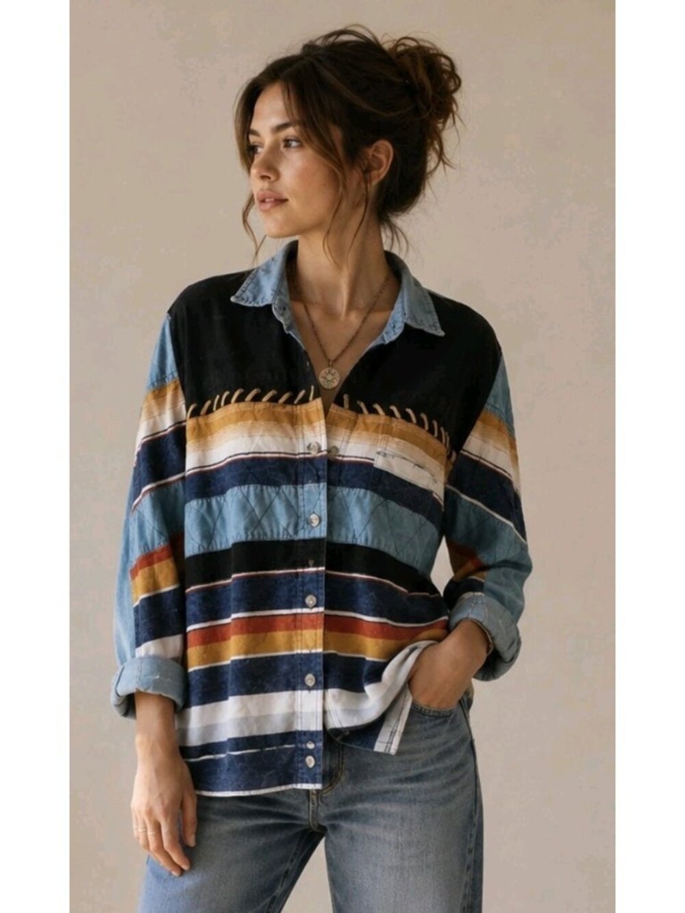 Vtg Womens Patchwork Flannel Shirt Boho Southwestern Outdoor Embroidered M